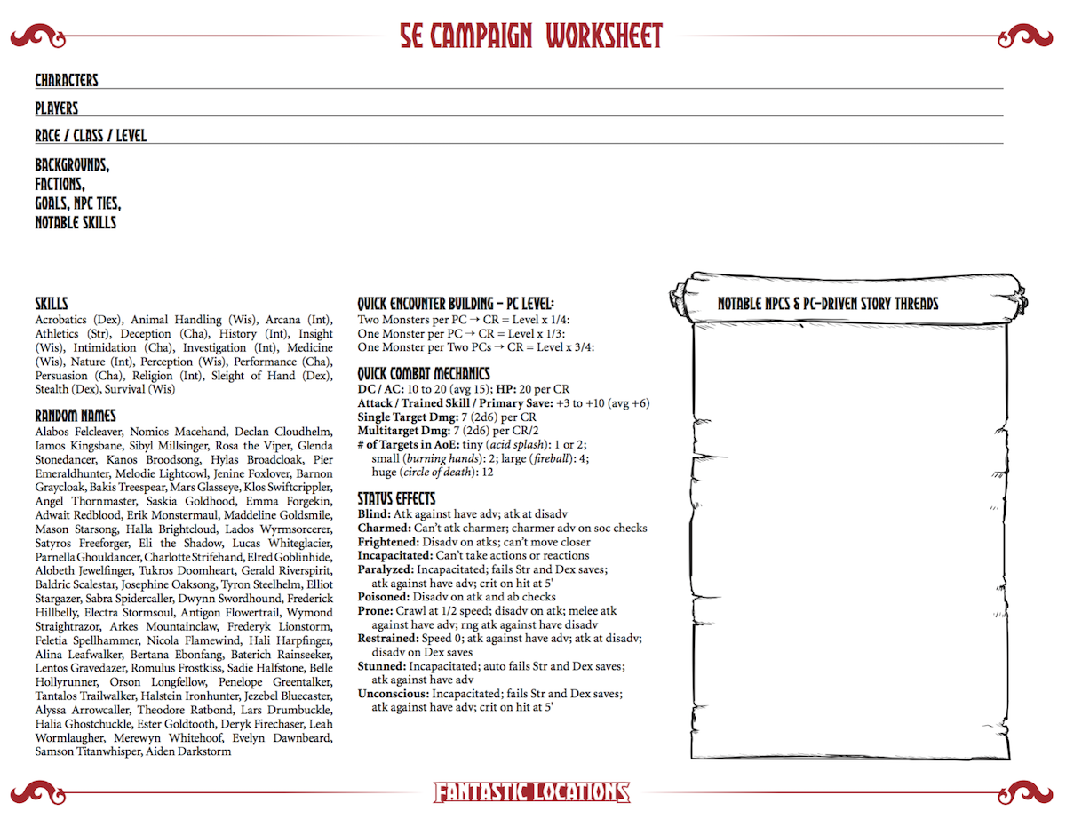 Dungeons and Dragons 5th Edition Campaign Worksheet: SlyFlourish com